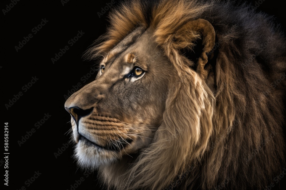 Lion, Panthera leo, in close up in front of a black background. Generative AI