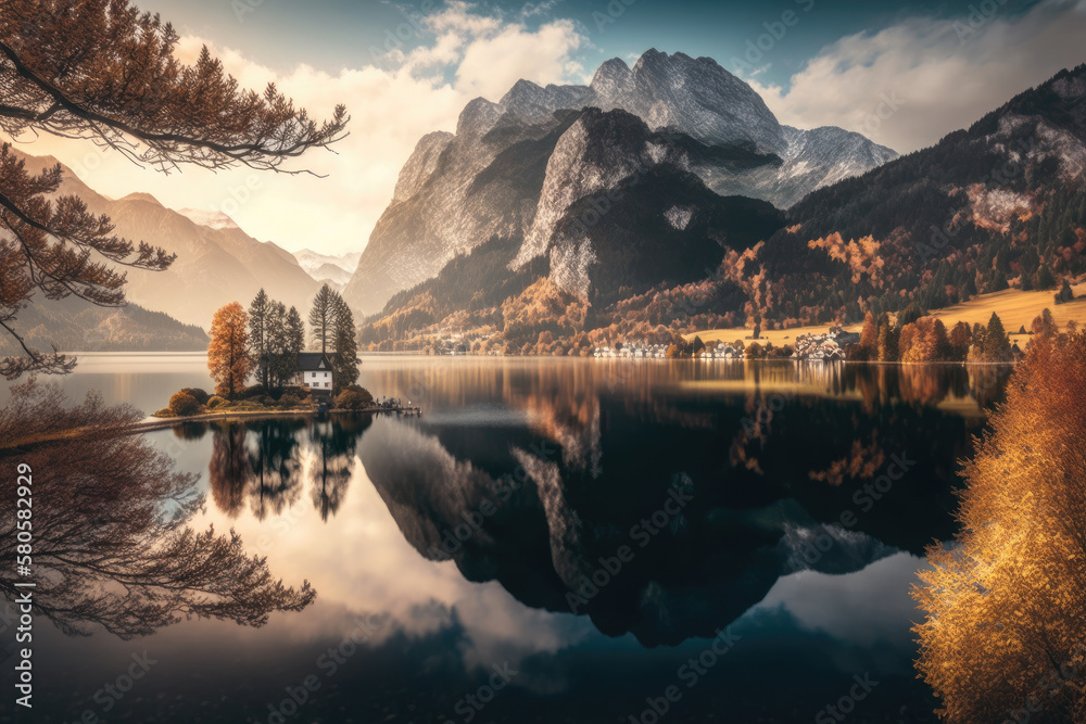 A serene autumnal picture of the Grundlsee lake with a vast mountain range in the distance. Beautiful early morning view of the town of Brauhof in Styria, Austria, and Europe, generative Ai