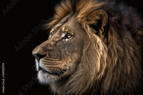 Lion  Panthera leo  in close up in front of a black background. Generative AI