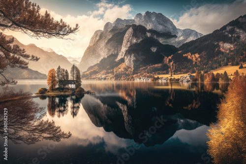 A serene autumnal picture of the Grundlsee lake with a vast mountain range in the distance. Beautiful early morning view of the town of Brauhof in Styria, Austria, and Europe, generative Ai