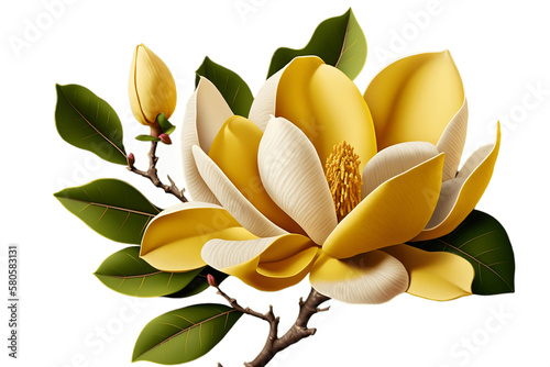 Realistic yellow magnolia isolated on transparent background. Beautiful spring flower. Generative AI. PNG