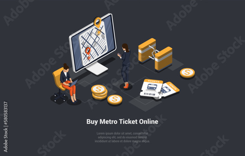 Metro Ticket Online Buying Concept. Passenger Buy Ticket Online Using Smartphone. Female Characters At Subway Gate Automatic Checkpoint Entering Underground. Isometric 3d Cartoon Vector Illustration