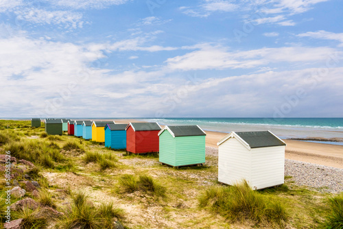 Fototapet Bathing huts at Findhorn, Moray Firth