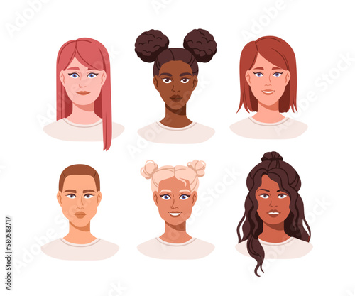 Young girls face avatars. Beautiful women, head portraits set. Diverse female characters, modern stylish haircuts, different race, skin color. Flat vector illustrations isolated on white background