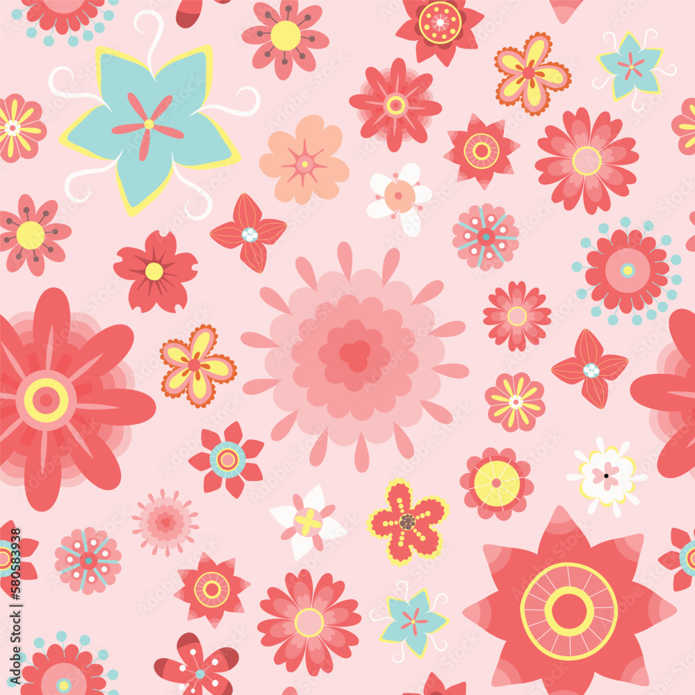 Garden flower, plants, botanical, seamless pattern vector design for fashion, fabric, kids,  wallpaper and all prints on pink background color. Cute pattern in small flower. Small spring, colorful flo