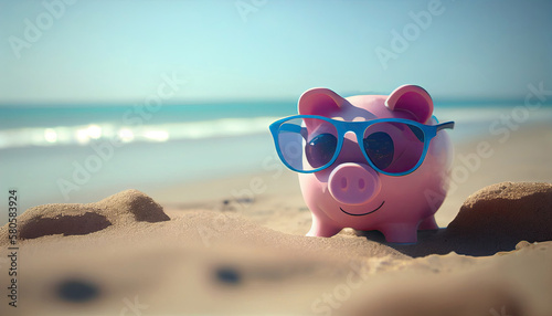 pink piggy bank saving with sunglasses on beach sand background on a vaction sunny day with Generative AI Technology