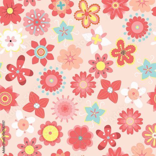 Garden flower, plants, botanical, seamless pattern vector design for fashion, fabric, kids,  wallpaper and all prints on pink background color. Cute pattern in small flower. Small spring, colorful flo