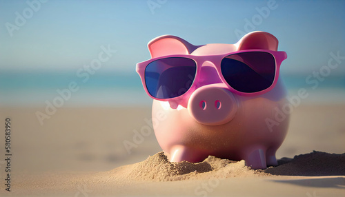 pink piggy bank saving with  sunglasses on beach sand background on a vaction sunny day with Generative AI Technology © LightoLife