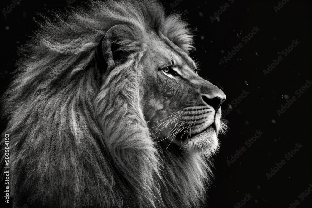 black and white picture of a lion on a black background. Generative AI