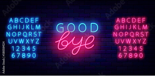 Good bye neon label. Glowing lettering. Close sign on brick wall. Farewell concept. Vector stock illustration