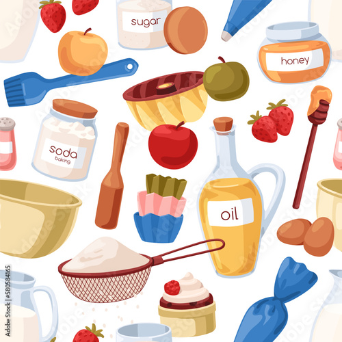 Baking ingredients, utensils pattern. Seamless background, bakery and confectionery accessories. Culinary repeating print, endless texture design with professional stuff. Flat vector illustration