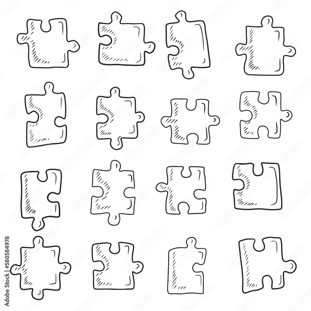Collection of separate jigsaw puzzle pieces in black isolated on white background. Hand drawn vector sketch illustration in engraving doodle outline vintage line art style. Autism, games, leisure.
