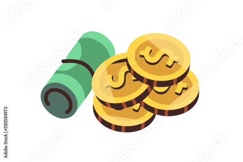 Money, rolled banknotes and gold coins. Cash savings, dollar bills. Financial concept. Green banknotes and metal finance. American currency. Flat vector illustration isolated on white background