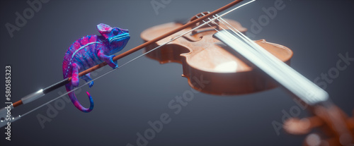 A colorful chameleon sits on a violin bow. photo