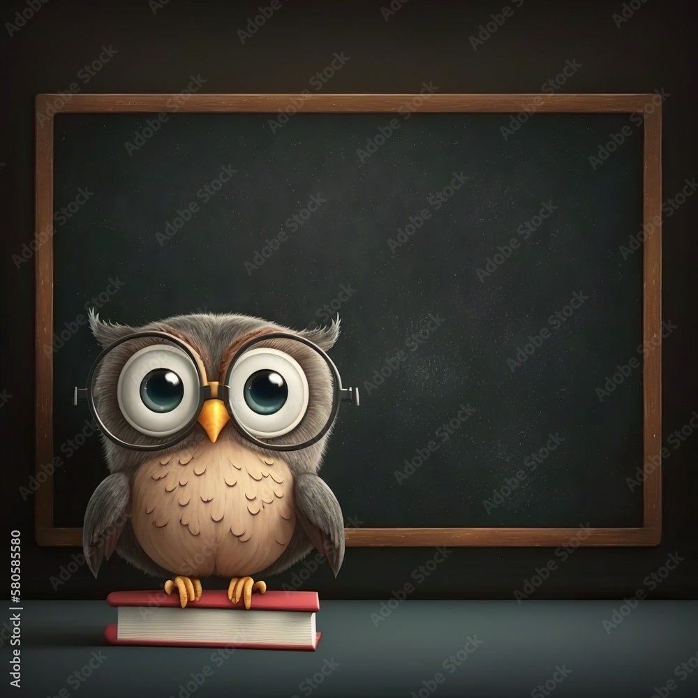 Cute Cartoon Owl in Front of a Blackboard Banner with Space for Copy ,light school lesson smart sage uhu teacher master empty gray board eagle with big eyes Generative AI 
