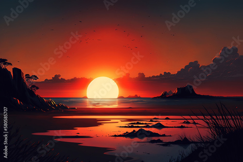 Sunset on the sea, red bright sun. Generative ai landscape illustration