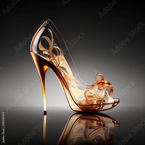 high-heeled glass shoes, plain background, mosern design golden liquid fiery pattern transparent snow white fashionable woman with a gray background bow Generative AI photo