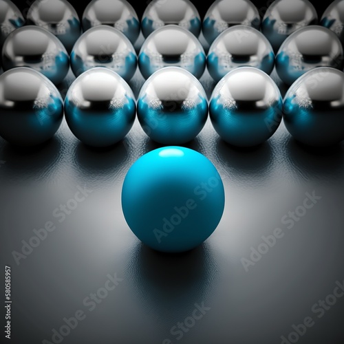 Leadership concept  blue leader ball leading silver on black background with empty copy space on left side conductor in front between them shadow decoration many sphere group reflection Generative AI