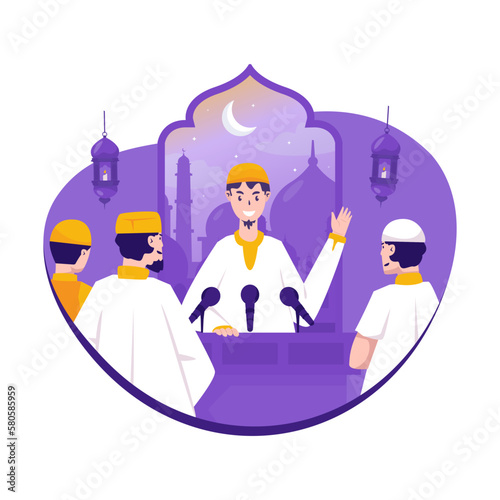 Illustration of Islamic muslim dakwah means giving a speech at a mosque