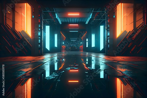 abstract background scifi futuristic neon glow chamber, scene stand pedestal stage, virtual reality simulation, and cyberpunk. Generative AI