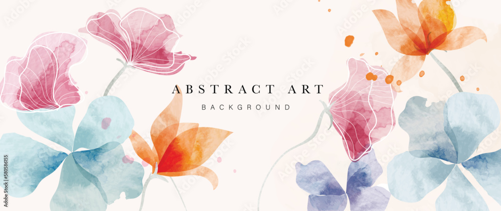 Abstract floral art background vector. Botanical watercolor hand drawn flowers paint brush line art. Design illustration for wallpaper, banner, print, poster, cover, greeting and invitation card. - obrazy, fototapety, plakaty 