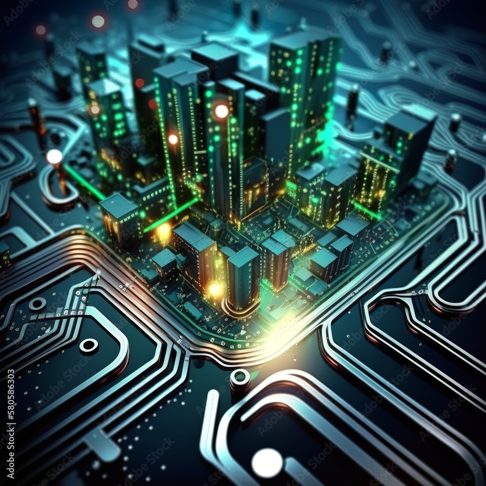 Smart city on circuit board background. Futuristic cyberspace concept illuminated motherboard top view high building modern technology fantasy concept skyscraper Generative AI Smart city on circuit board background. Futuristic cyberspace concept illuminated motherboard top view high building modern technology fantasy concept skyscraper Generative AI