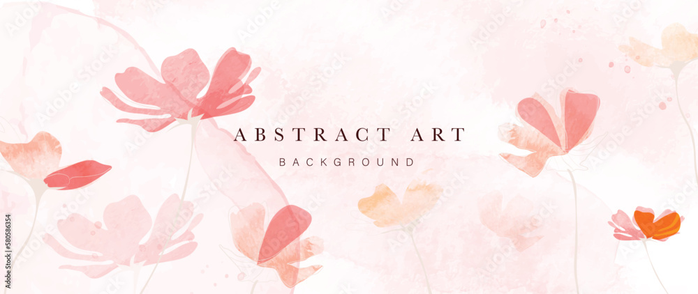 Abstract floral art background vector. Botanical watercolor hand drawn pale red wildflowers paint brush. Design illustration for wallpaper, banner, print, poster, cover, greeting and invitation card. 