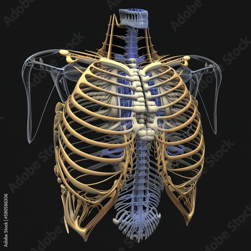 Fotótapéta Rib cage anatomy 3D Illustration with wire frame skeleton autopsy master biology