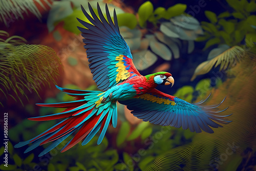 Macaw flying in a tropical forest, aerial view, generative ai