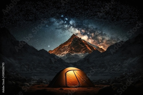 A tent pitched in the mountains, surrounded by breathtaking views of nature. The simple setup highlights the beauty. Generative AI