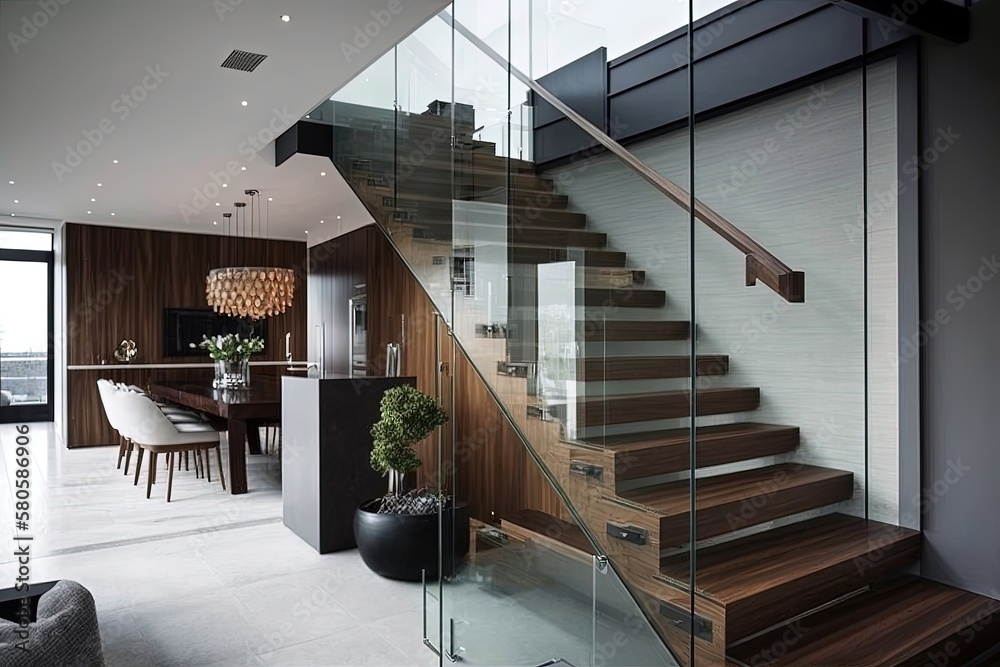 A staircase leading up to the second floor in a house is featured in ...