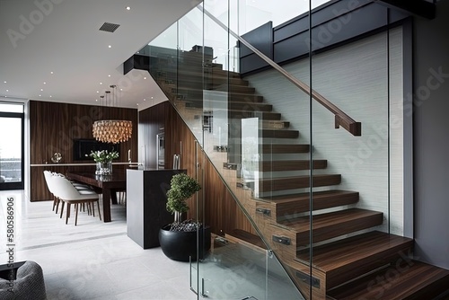 A staircase leading up to the second floor in a house is featured in this artwork  highlighting the modern and stylish design that is perfect for interior design.