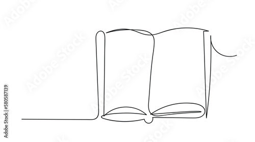 Single one line drawing of open text book for study. Back to school minimalist, education concept. Continuous simple line draw style design graphic vector illustration	