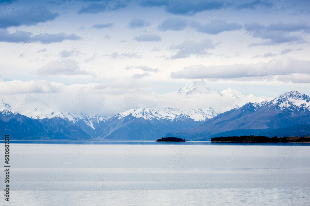 Majestic mountain landscape. Mount Cook and Pukaki lake, New Zealand