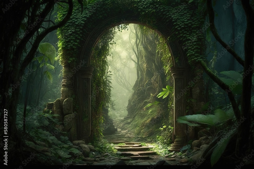 Mysterious portal in the middle of a jungle. The portal is made up of intricate designs and appears to be glowing with an otherworldly energy. Generative AI