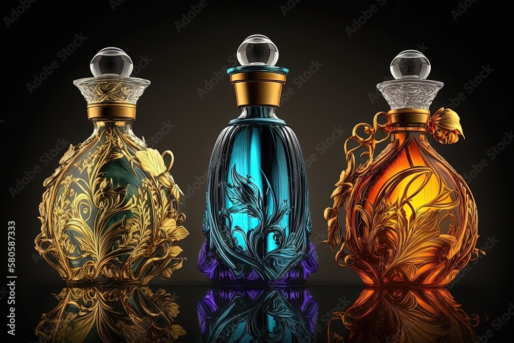 Several perfume bottles with intricate designs and beautiful