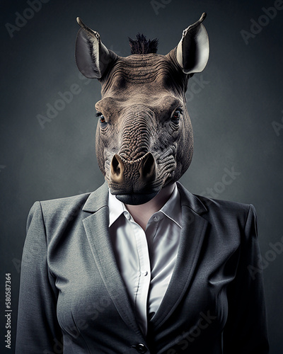 generative ai illustration businesswoman dressed in suite with high detailed animal head, looking into camera
