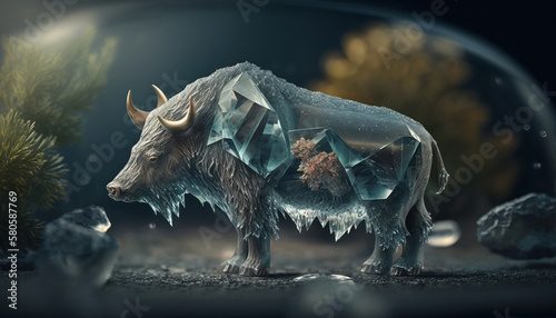 bison  buffalo in crystal   art figurine  riding animal for games. Created using artificial intelligence.