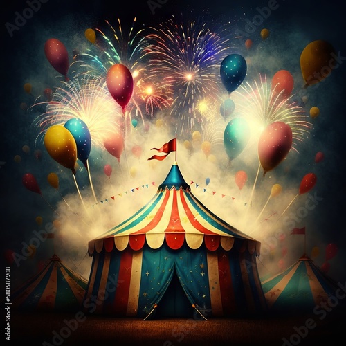 circus tent with colorful balloons on top fireworks in the background great show pattened party time vibe  joy happiness confetti night flag decoration Generative AI 