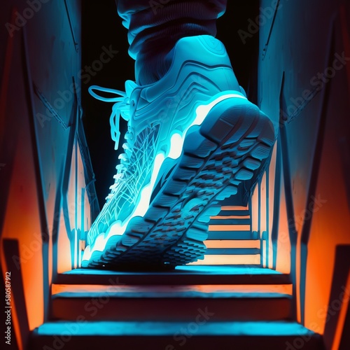 closeup of sneakers with a blue neon-lit sole while walking up a brightly lit staircase, seen from behind step stair sole stabile modern design hurry running sport shoe comfortable shop Generative AI  photo