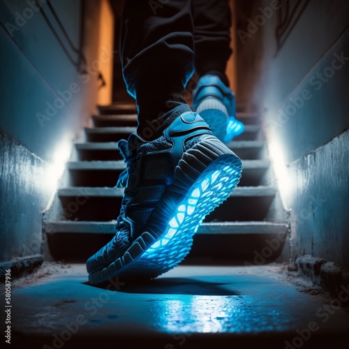 closeup of sneakers with a blue neon-lit sole while walking up a brightly lit staircase, seen from behind step stair sole stabile modern design hurry running sport shoe comfortable shop Generative AI 