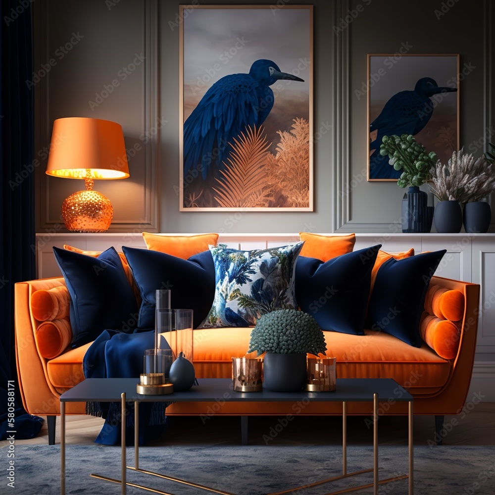 Orange throw pillows and a navy blue sofa with a table in a vibrant ...