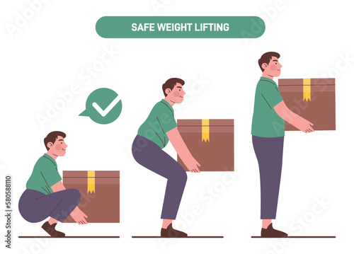 Correct lifting of heavy box. Man stand up holding a cardboard package