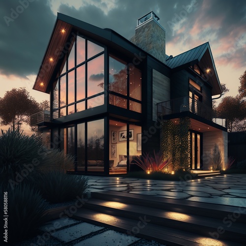 Illuminated by lamps house contemporary house exterior in rays of setting sun night modern a with giant glass windows new style high two-story in a beautiful environment stairs Generative AI  photo