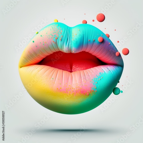 Isolated bright colorful plump lips 
kissable fleshy thick painted ajar open human big talk speaks up healthy cracky bubble wrinkled to lick lipstick glossy Generative AI 