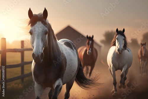 Realistic photography of a group of black horse running  over a field. Generative Ai.