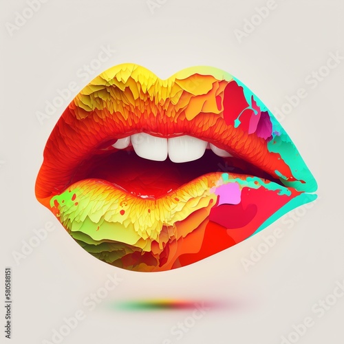 Isolated bright colorful plump lips kissable fleshy thick painted ajar open human big talk speaks up healthy cracky bubble wrinkled to lick lipstick glossy white teeth sparkling dried Generative AI 