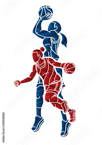 Basketball Team Women Players Action Cartoon Sport Team Graphic Vector