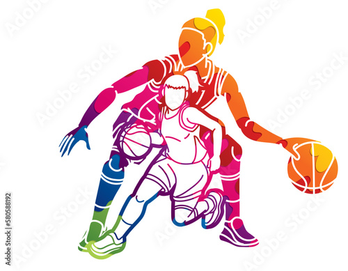 Basketball Team Women Players Action Cartoon Sport Team Graphic Vector
