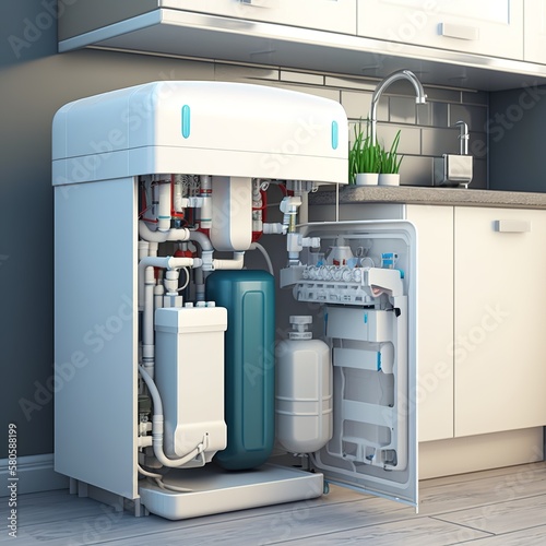 everse osmosis water purification system under sink in a kitchen. Water cleaning system installation machine high tech solution filter bootle Generative AI  photo